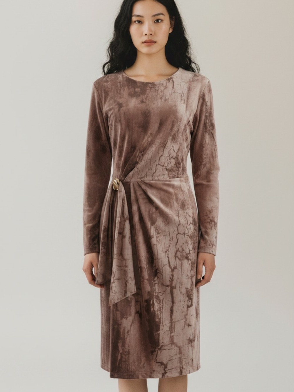 Donna Karan Taupe Marble-Effect Long-Sleeve Midi Dress Size XL